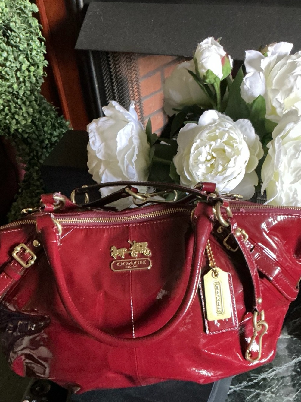 Authentic Coach Sophia Patent Leather Satchel in Burgundy